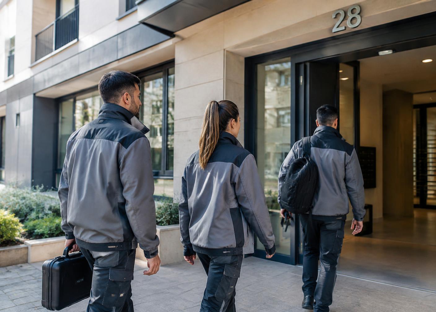 Equipo de técnicos llegando a su alojamiento